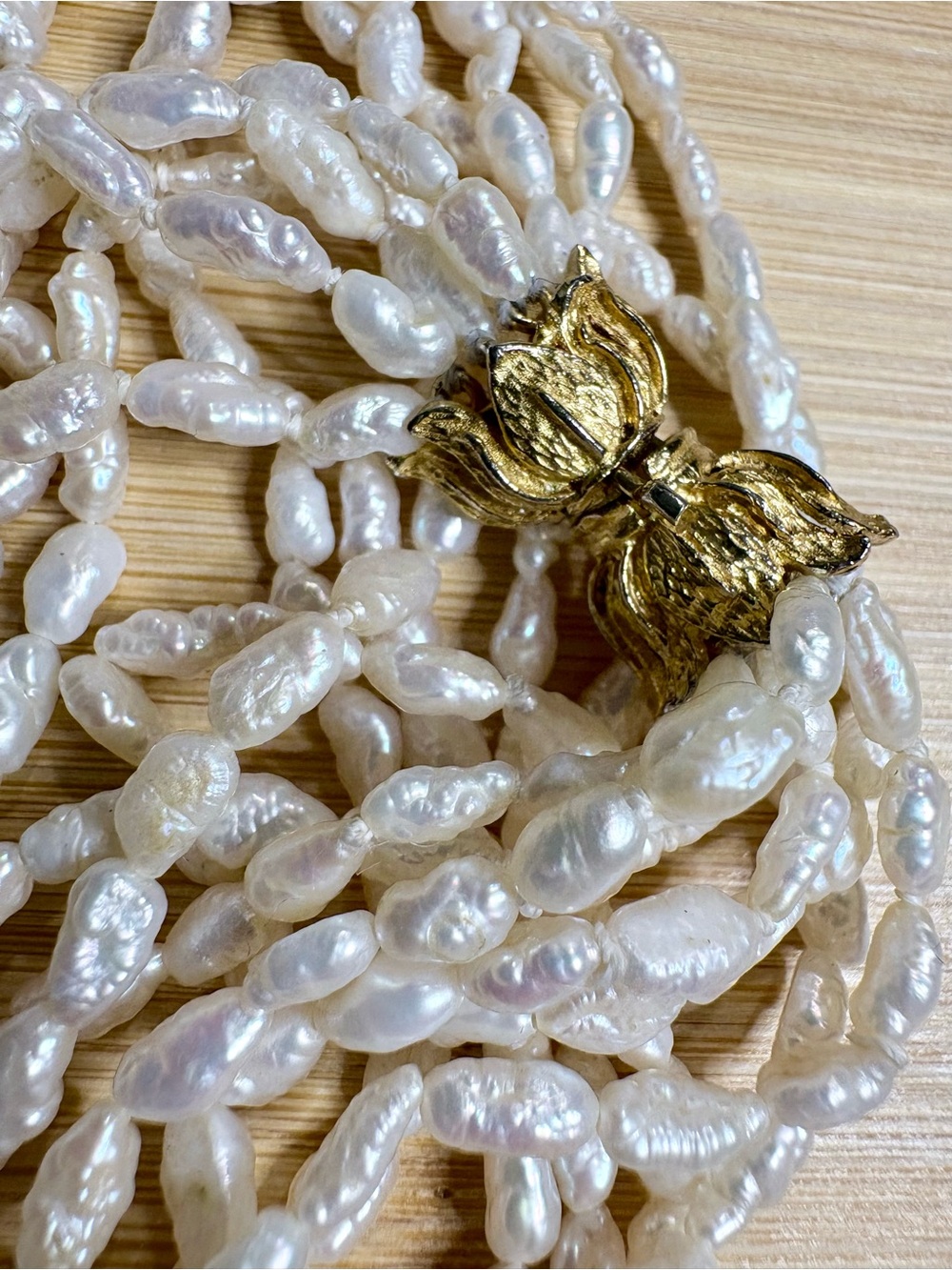 Vintage genuine rice pearl 6-strand necklace with gold tone clasp